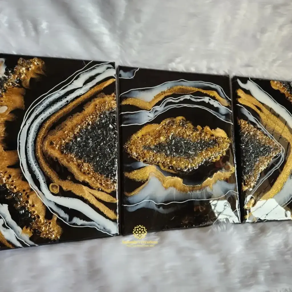 3Panel Geode Art with Crystals (Black & Golden)