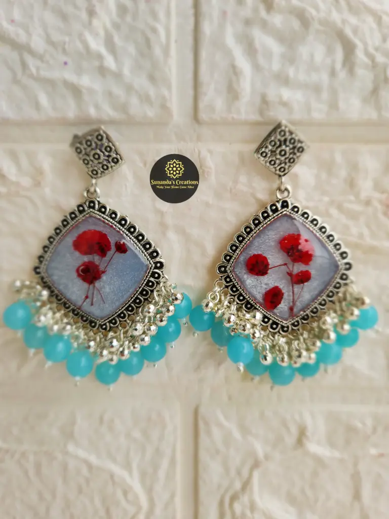 Real Dried  Flower Resin Jhumka (Light Blue)