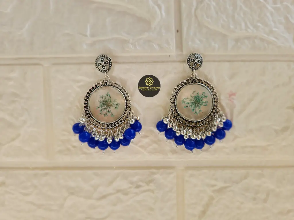 Real Dried  Flower Resin Jhumka (Blue)