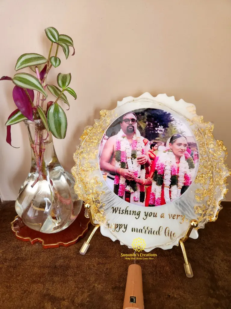 8" Resin Personalized Photo Frame with Metal Stand & Fairy Light (White)