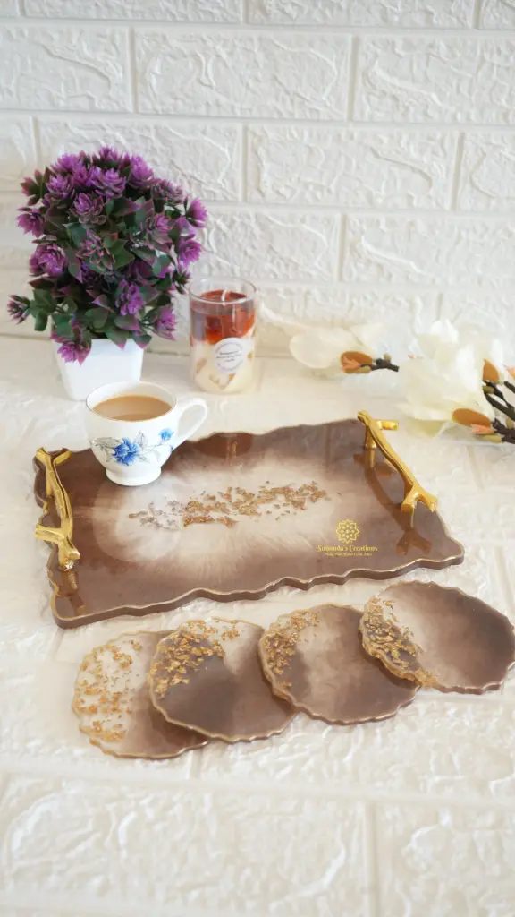 12"×9" Serving Tray & 6 Tea- Coasters (Brown)