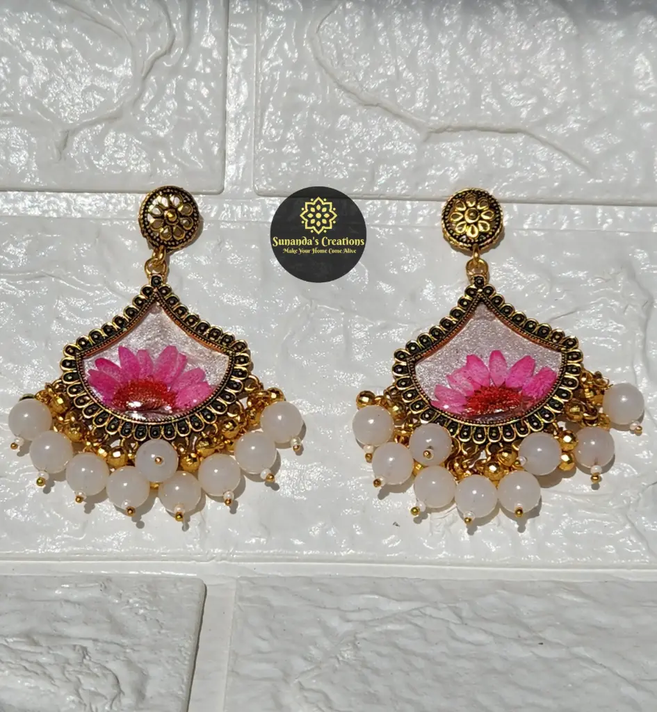 Real Dried  Flower Resin Jhumka (White)