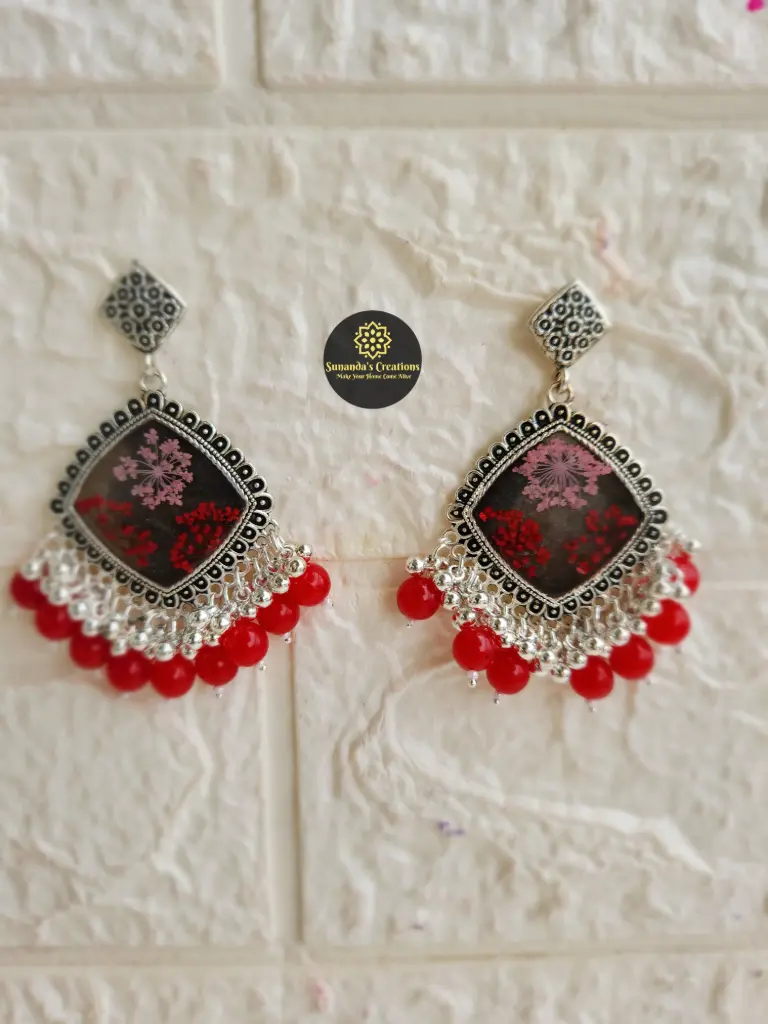 Real Dried  Flower Resin Jhumka (Red)