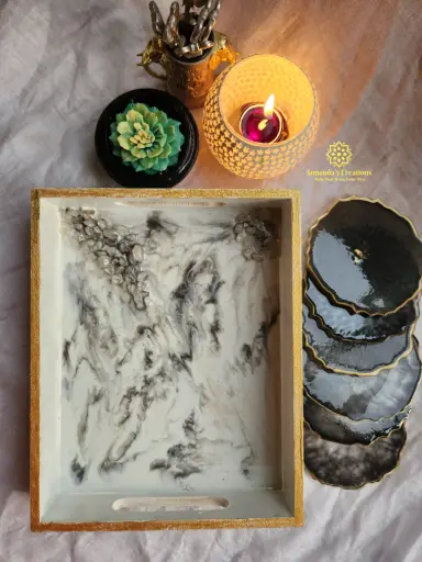 12"×7" Resin Coated Tray with Crystal Stones + 6 Tea-Coasters (White & Black)