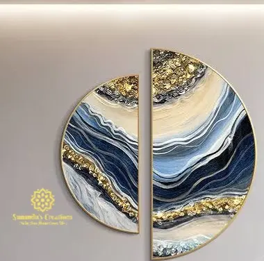 2Panel Half Moon Geode Art with Crystals (White & Blue)