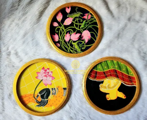 3 Hand Painted Pichwai Art Wooden Plates