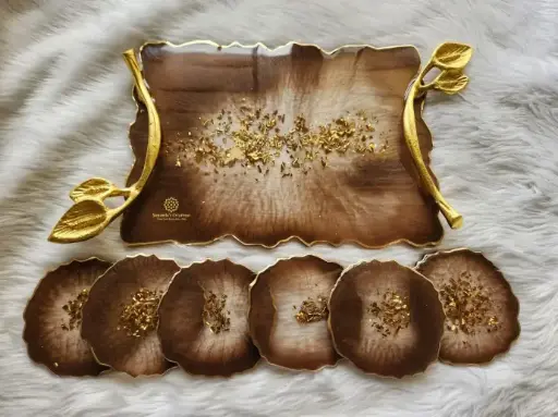 12"×9" Serving Tray & 6 Tea- Coasters (Brown)