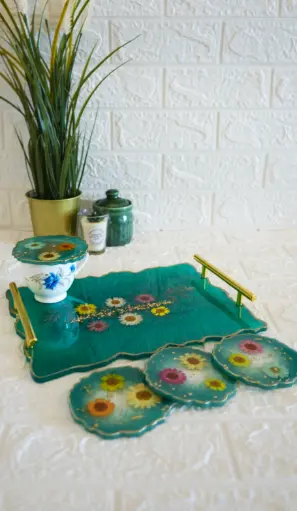 Real Flower Serving Tray & 6 Tea Coasters (Metalic Green)