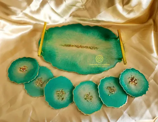 12" Agate Serving Tray + 6 Coasters (Metalic Green)