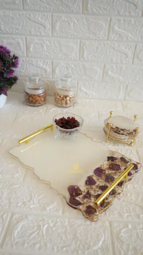 Real Rose Petals Serving Tray + 6 Coasters (Off white)